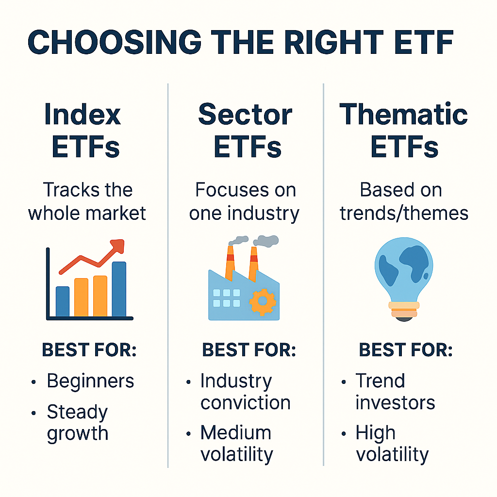 "Infographic comparing three types of ETFs – Index ETFs, Sector ETFs, and Thematic ETFs – with their key features, risk levels, and recommended investors." "Infographic comparing three types of ETFs – Index ETFs, Sector ETFs, and Thematic ETFs – with their key features, risk levels, and recommended investors."