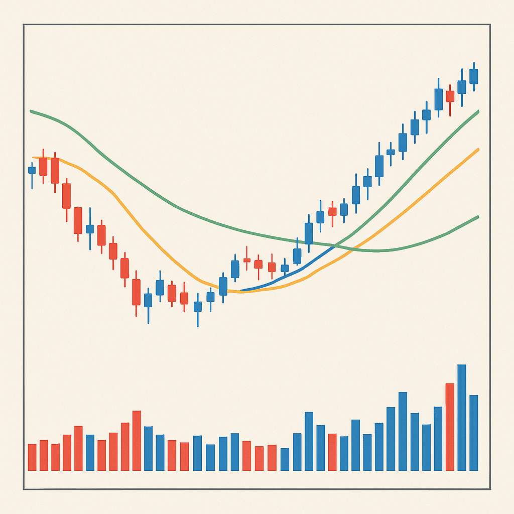 Candlestick chart with moving averages and trading volume for technical analysis