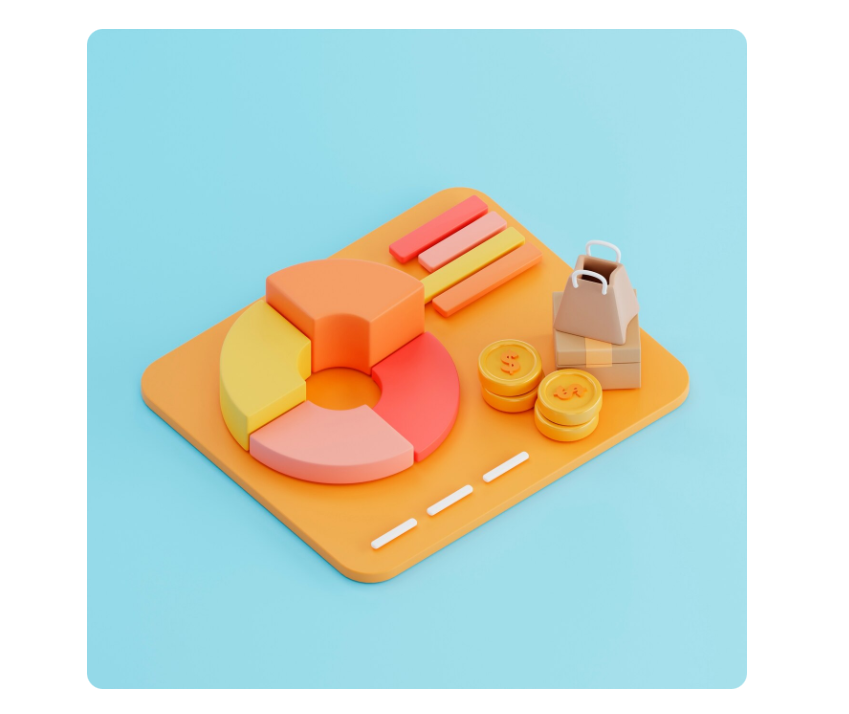 3D illustration of finance and investment concept with pie chart and coins